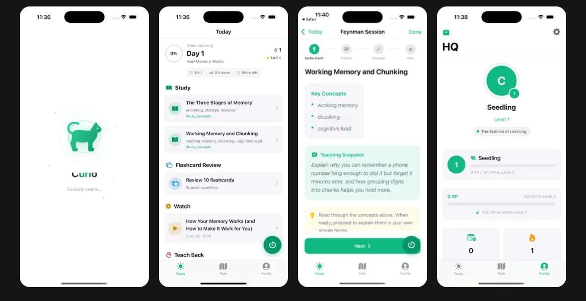 Curio app: lesson and quiz screens