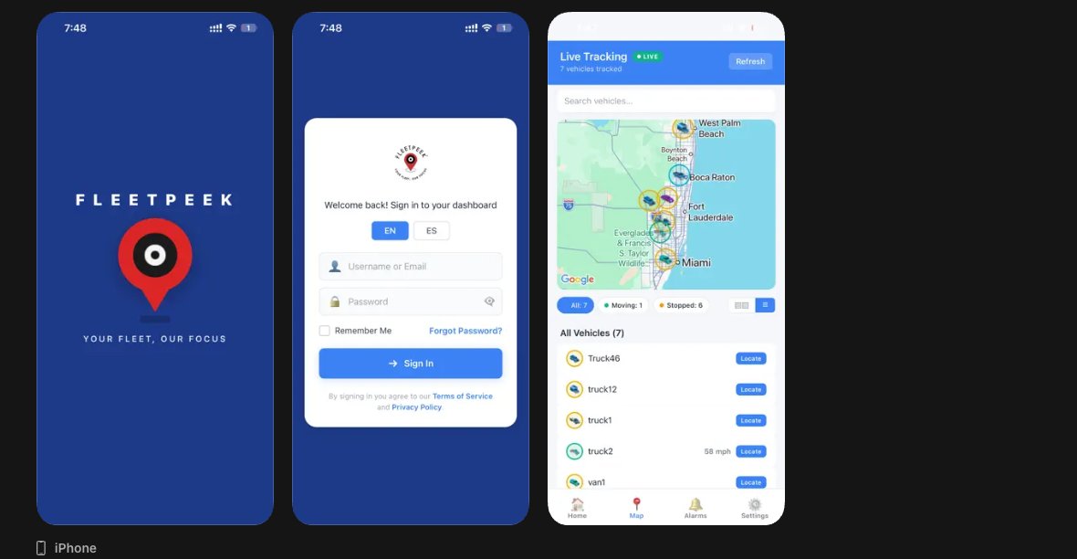 FleetPeek app: live vehicle map and trip screens